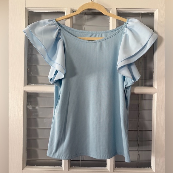SHEIN Tops - SHEIN Women’s L Light Blue Ruffle Sleeve Round Neck Ribbed Top | SKU 0195